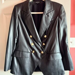 Express Black Faux Leather Double-Breasted Blazer with Gold Buttons